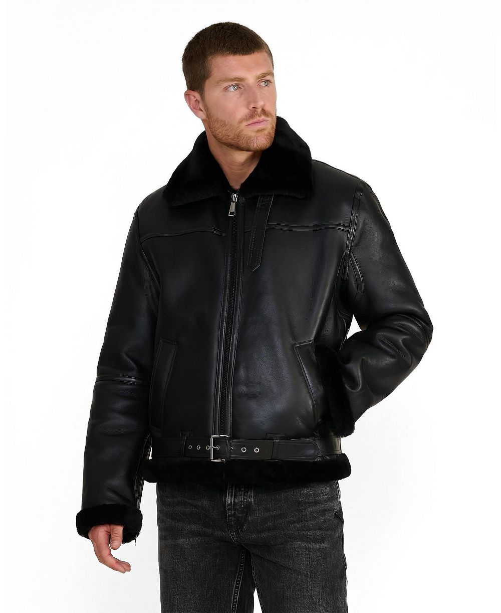 Furniq UK Big & Tall Callahan Premium Leather Shearling-Lined Zip-Front Aviator Jacket