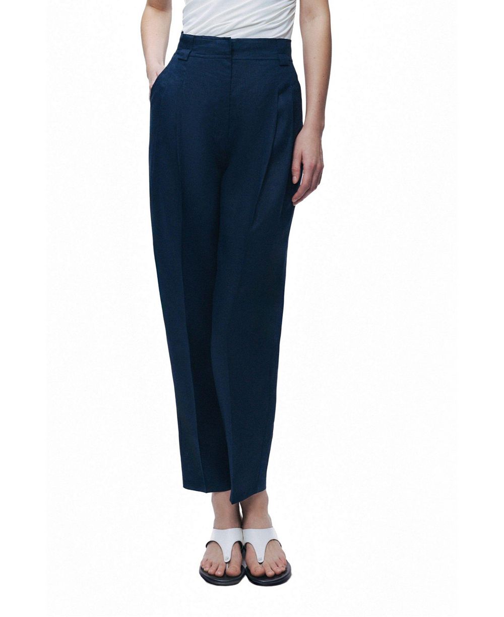 NOCTURNE Women's High-Rise Pleated-Front Tapered Linen Trousers