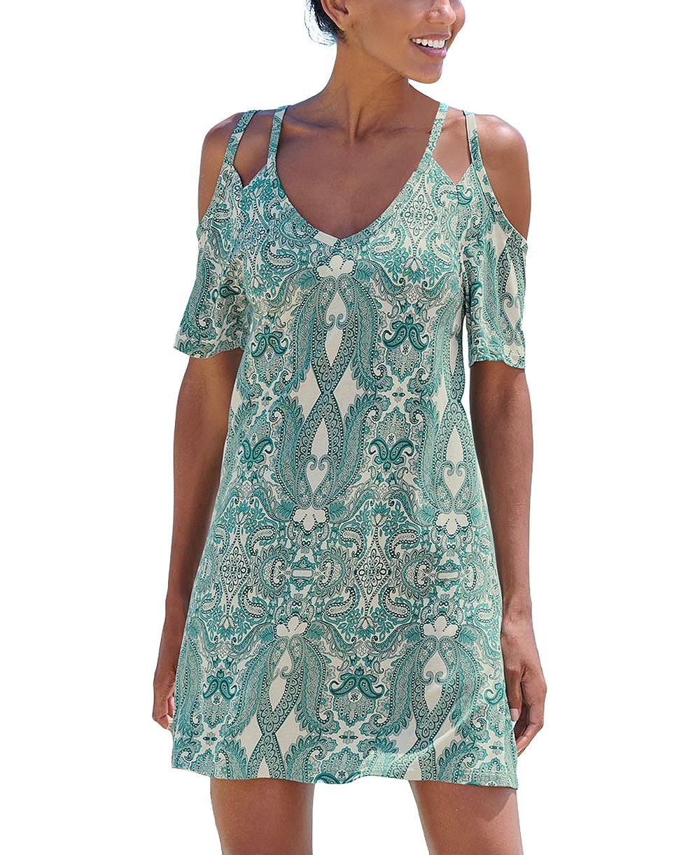 LASCANA Women's Viscose Printed Cold Shoulder V-Neck Short Dress