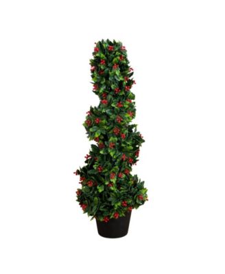 Nearly Natural 3' Ultraviolet Resistant Pre-Lit Artificial Holly Berry Christmas Spiral Tree