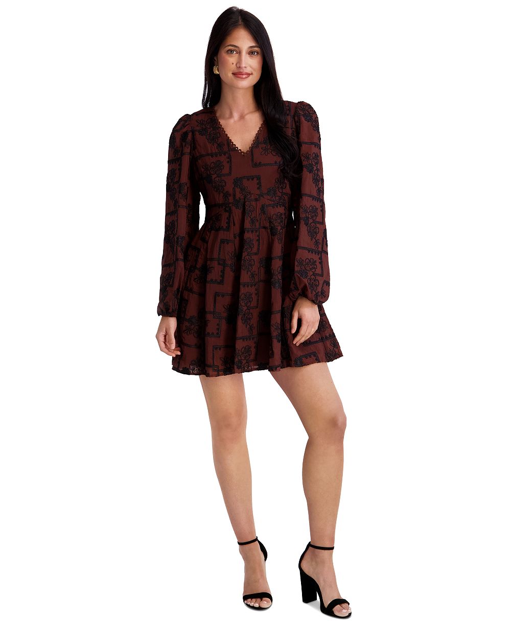 Женское мини-платье Kensie Embroidered V-Neck Blouson Sleeve