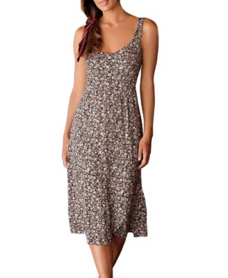 LASCANA Women's Viscose Floral Print Bow Detail Cutout A-Line Midi Dress
