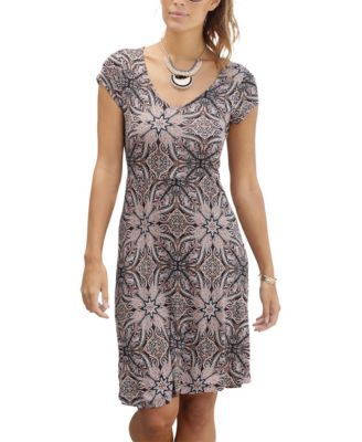 LASCANA Women's Viscose Printed Short Sleeve A-Line V-Neck Short Dress