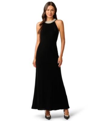 Adrianna Papell Petite Imitation Pearl Collar Velvet Sleeveless Halter Gown