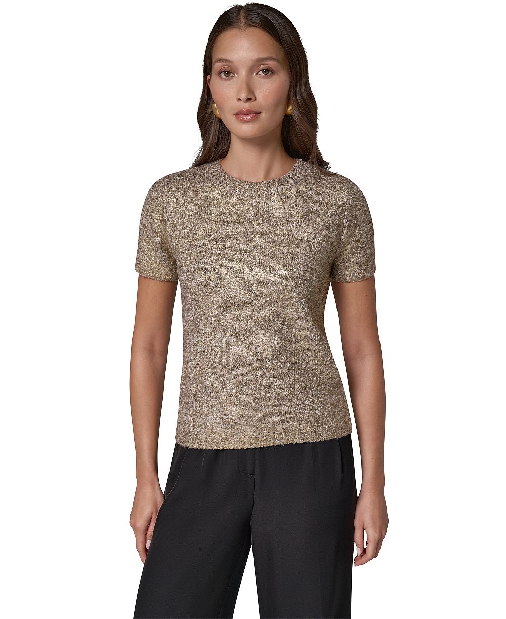 Donna Karan New York Women's Foil Boucle Short-Sleeve Crewneck Sweater