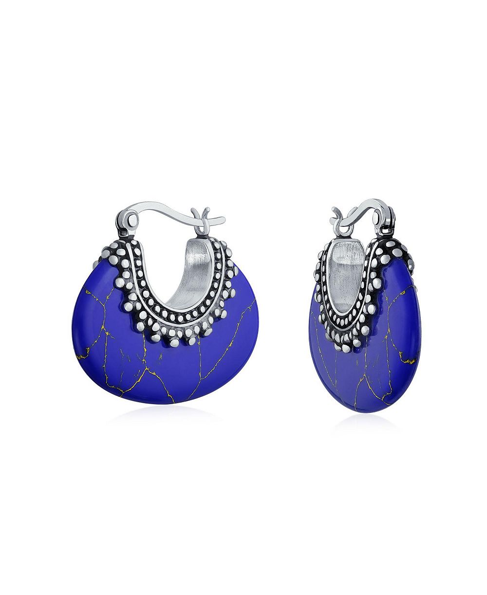 Серьги-кольца Bling Jewelry из стерлингового серебра в бохо-стиле с голубым бирюзовым камнем