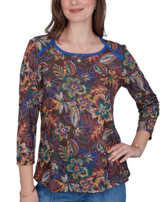 Ruby Rd. Women's Petite Textured Floral-Print 3/4-Sleeve Top