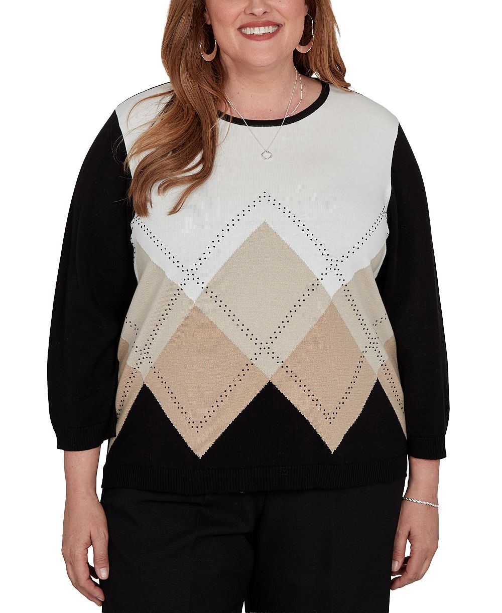Женский хлопковый джемпер Alfred Dunner Plus Size с узором аргайл и бисером, рукав 3/4