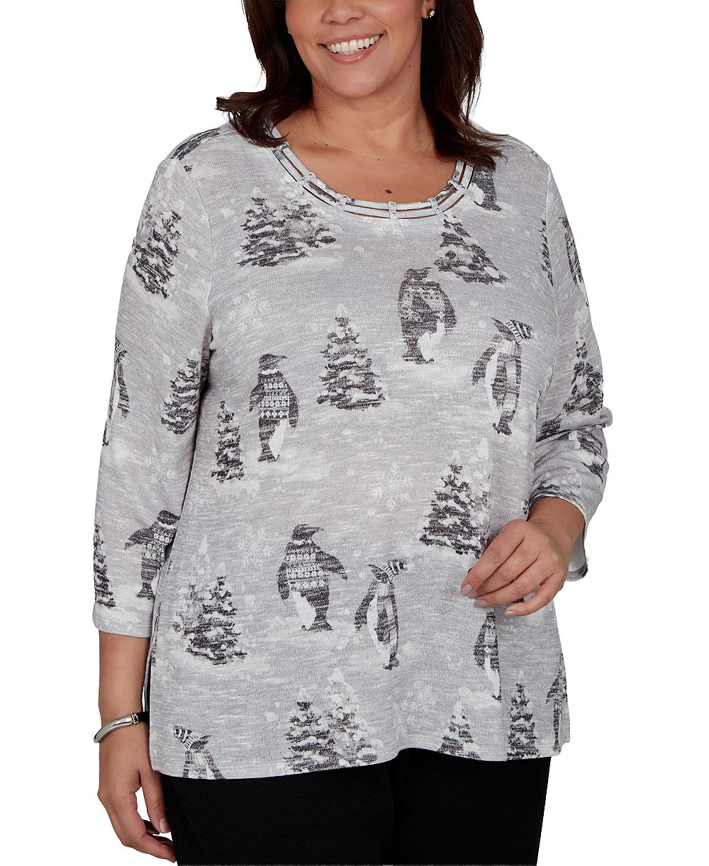Alfred Dunner Plus Size Classic Penguins and Trees 3/4 Sleeve Holiday Knit Top