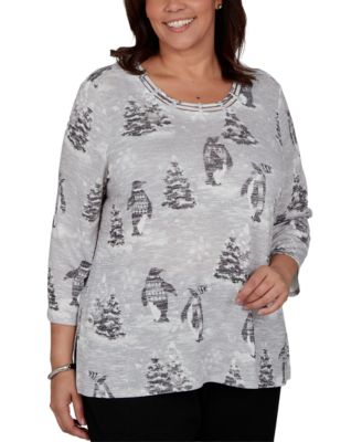 Alfred Dunner Plus Size Classic Penguins and Trees 3/4 Sleeve Holiday Knit Top