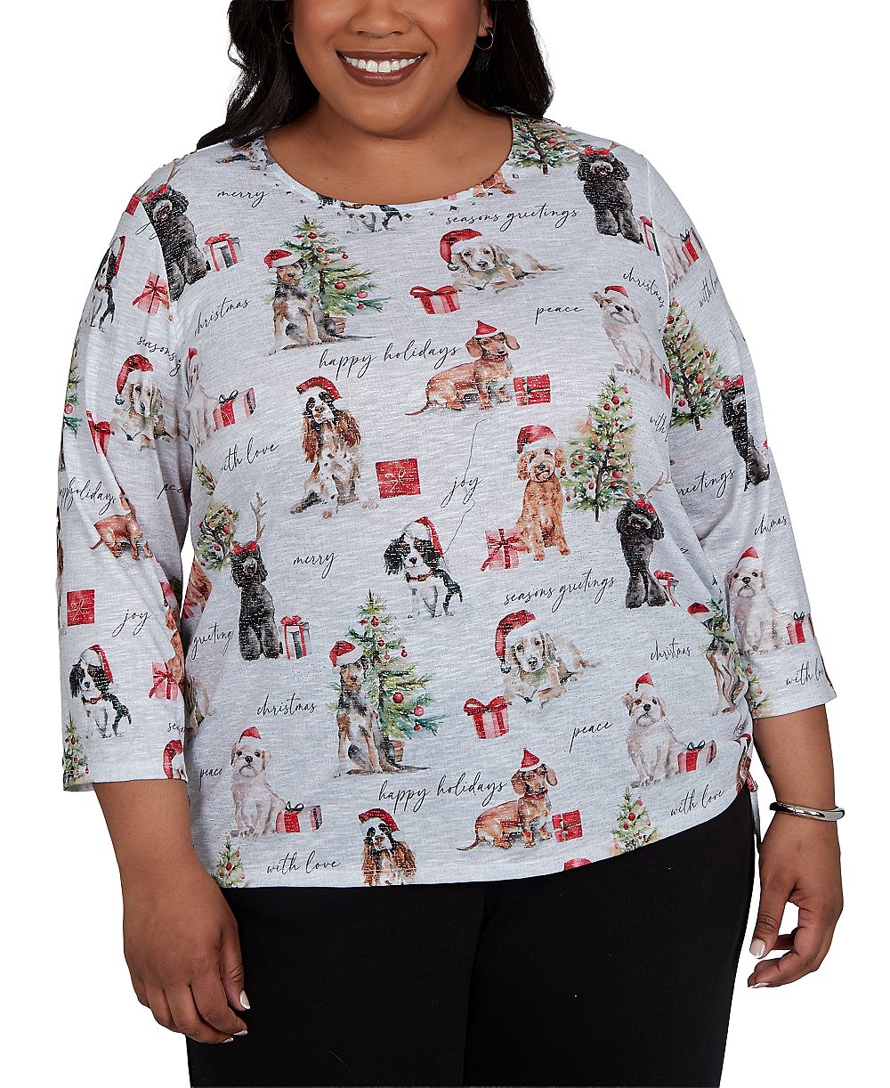 Alfred Dunner Plus Size Classic Gift Giving Dogs Holiday 3/4-Sleeve Knit Top