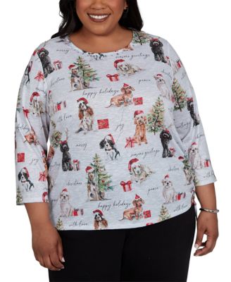 Alfred Dunner Plus Size трикотажный топ с рукавом 3/4 Classic Gift Giving Dogs Holiday
