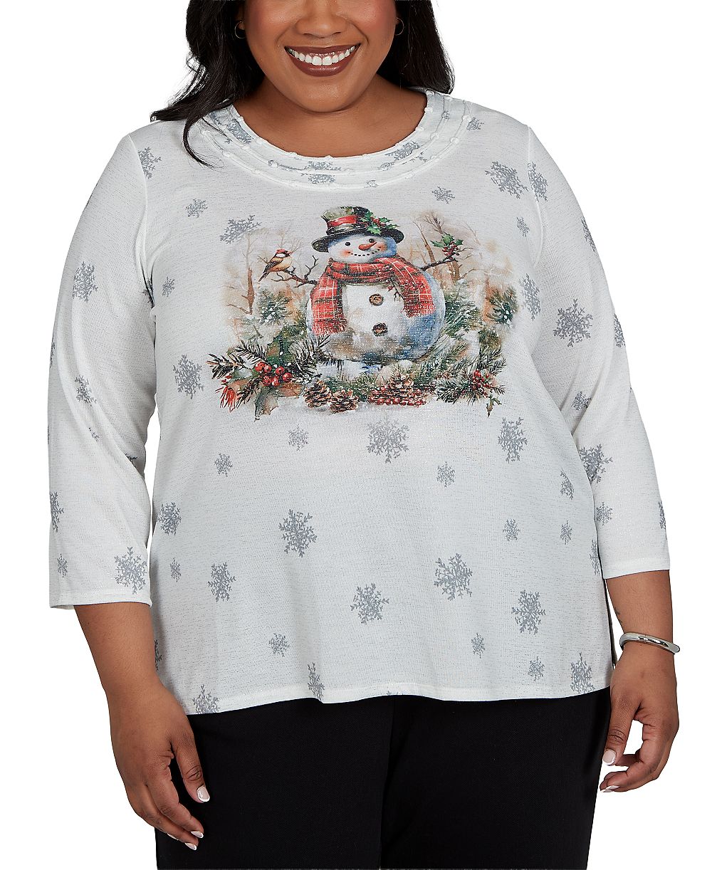 Alfred Dunner Plus Size Shimmering Snowman 3/4-Sleeve Holiday Top
