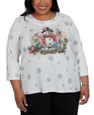 Alfred Dunner Plus Size Shimmering Snowman 3/4-Sleeve Holiday Top