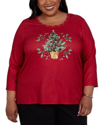 Alfred Dunner Plus Size Christmas Tree 3/4-Sleeve Braided Neck Top