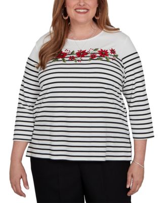 Alfred Dunner Plus Size Stripe 3/4-Sleeve Crewneck Knit Top