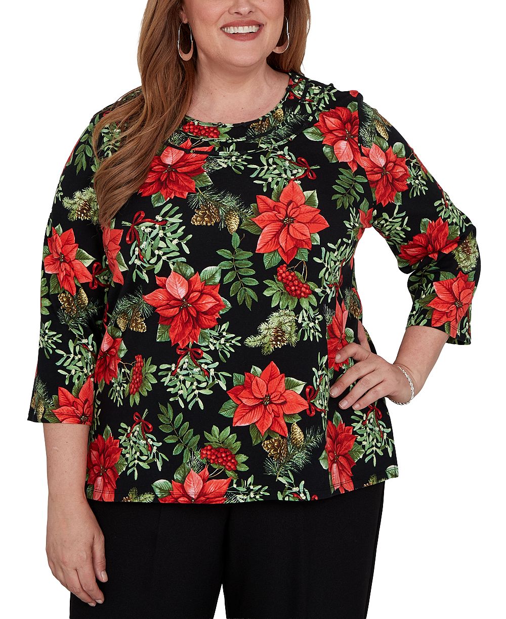 Alfred Dunner Plus Size Cardinals On Branches 3/4-Sleeve T-Shirt