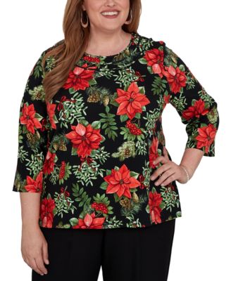 Alfred Dunner Plus Size Cardinals On Branches 3/4-Sleeve T-Shirt