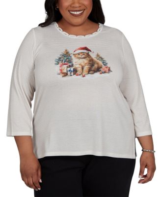 Alfred Dunner Plus Size Santa Cat 3/4-Sleeve Knit Top