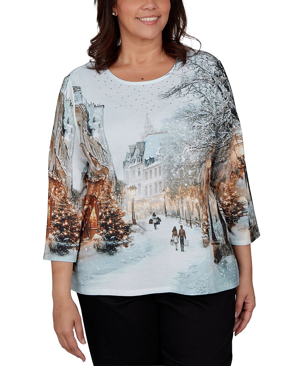 Alfred Dunner Plus Size Classic Christmas In The City 3/4-Sleeve Knit Top