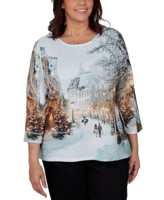 Alfred Dunner Plus Size Classic Christmas In The City 3/4-Sleeve Knit Top