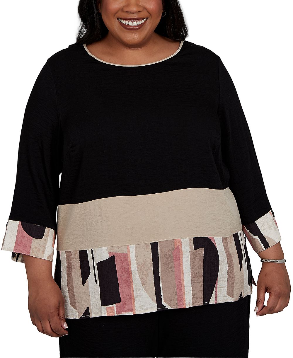 Alfred Dunner Plus Size Travel Advisory Spliced Patchwork 3/4-Sleeve Blouse