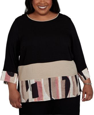 Alfred Dunner Plus Size Travel Advisory Spliced Patchwork 3/4-Sleeve Blouse