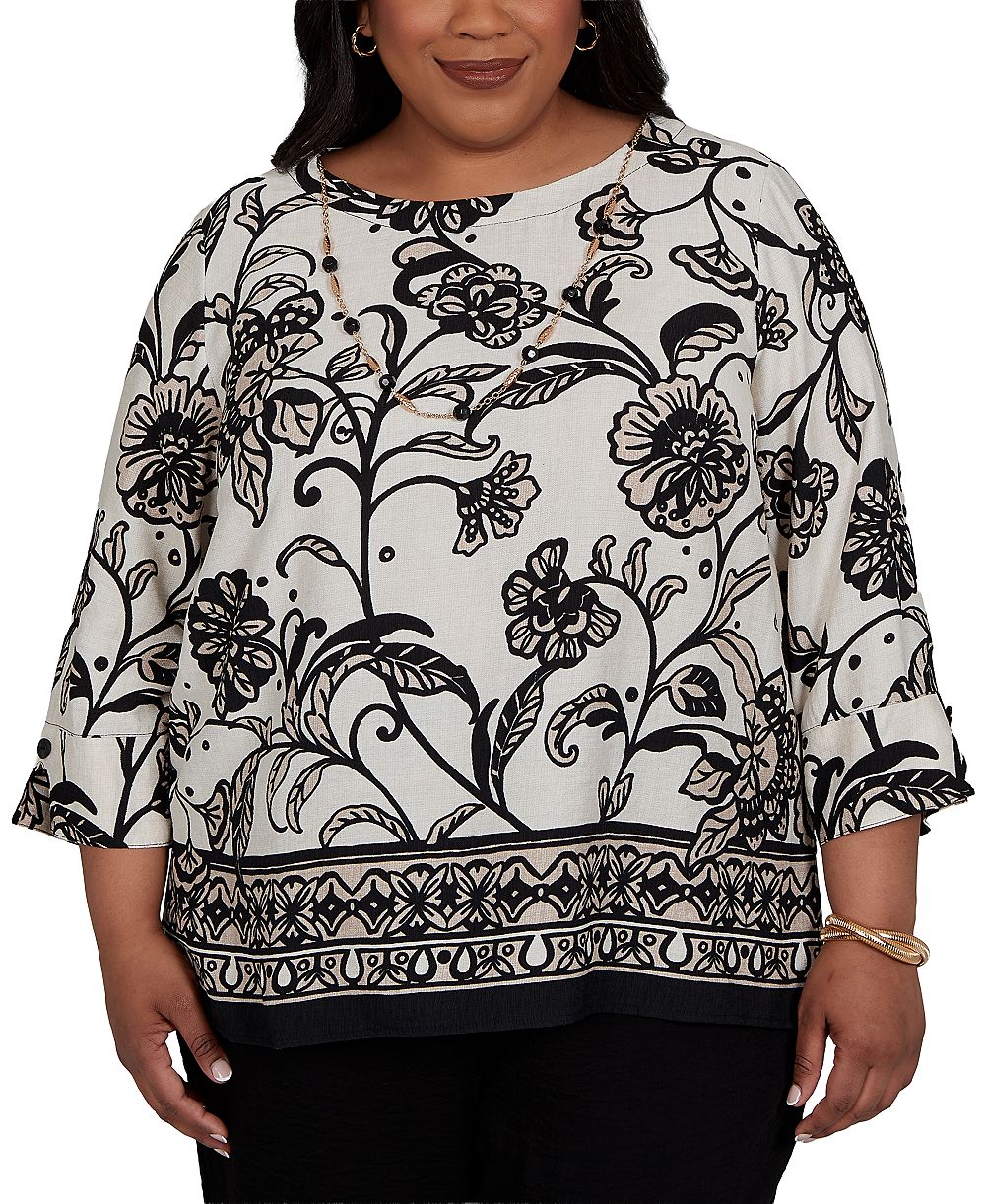 Блузка Alfred Dunner Plus Size 3/4-Sleeve Crewneck Scroll-Border с ожерельем