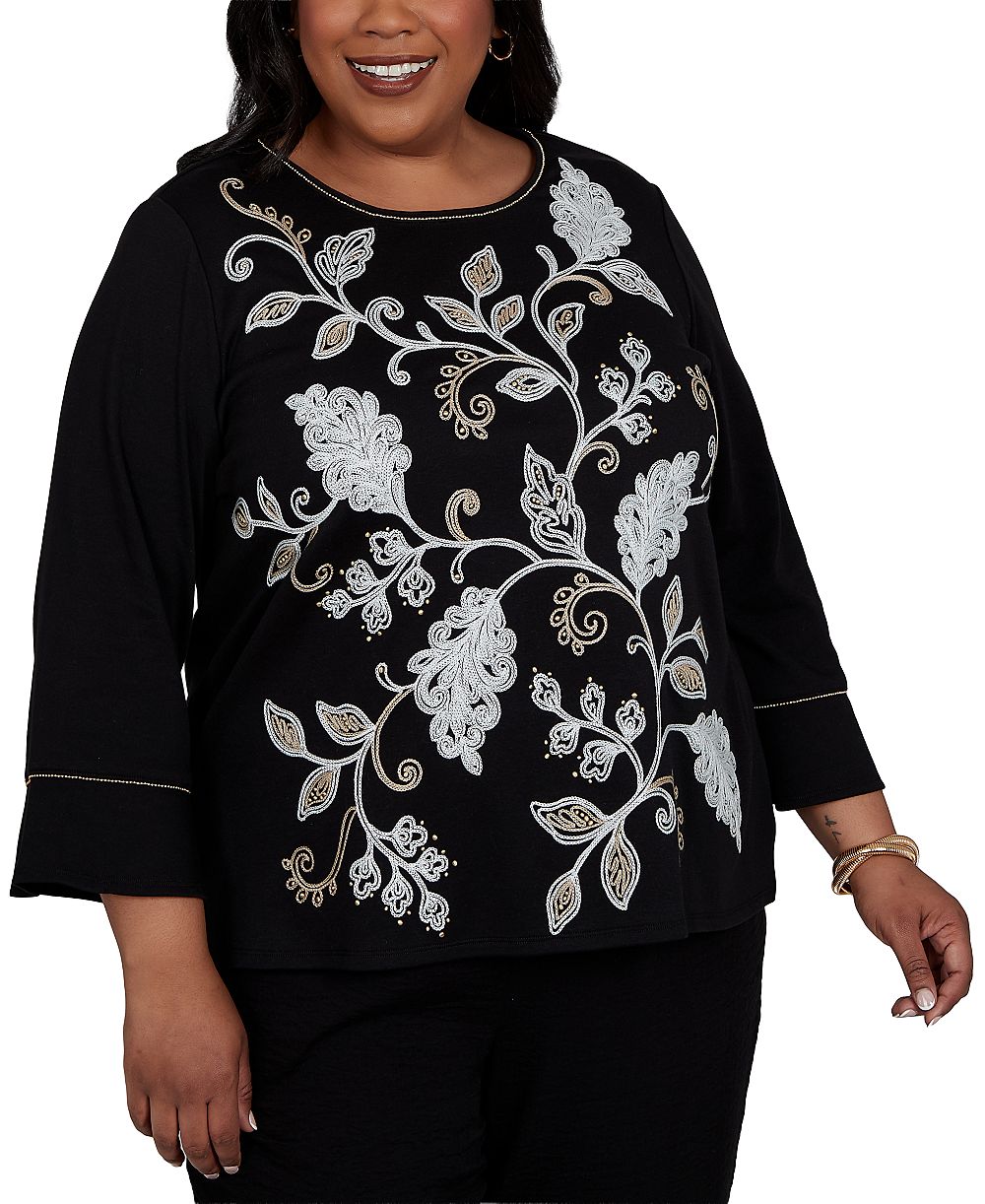 Alfred Dunner Женский топ Plus Size Travel Advisory с вышивкой и рукавом 3/4