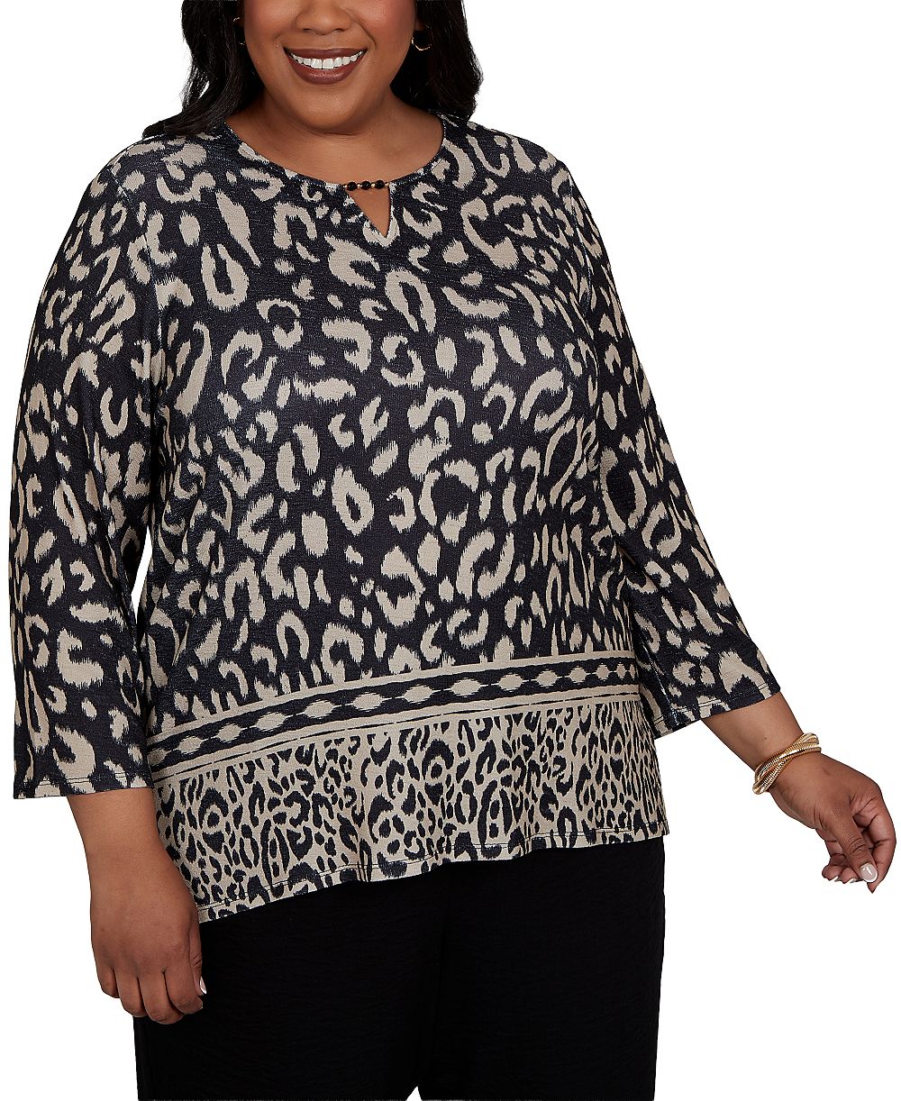 Alfred Dunner Plus Size топ с анималистичным принтом и рукавом 3/4