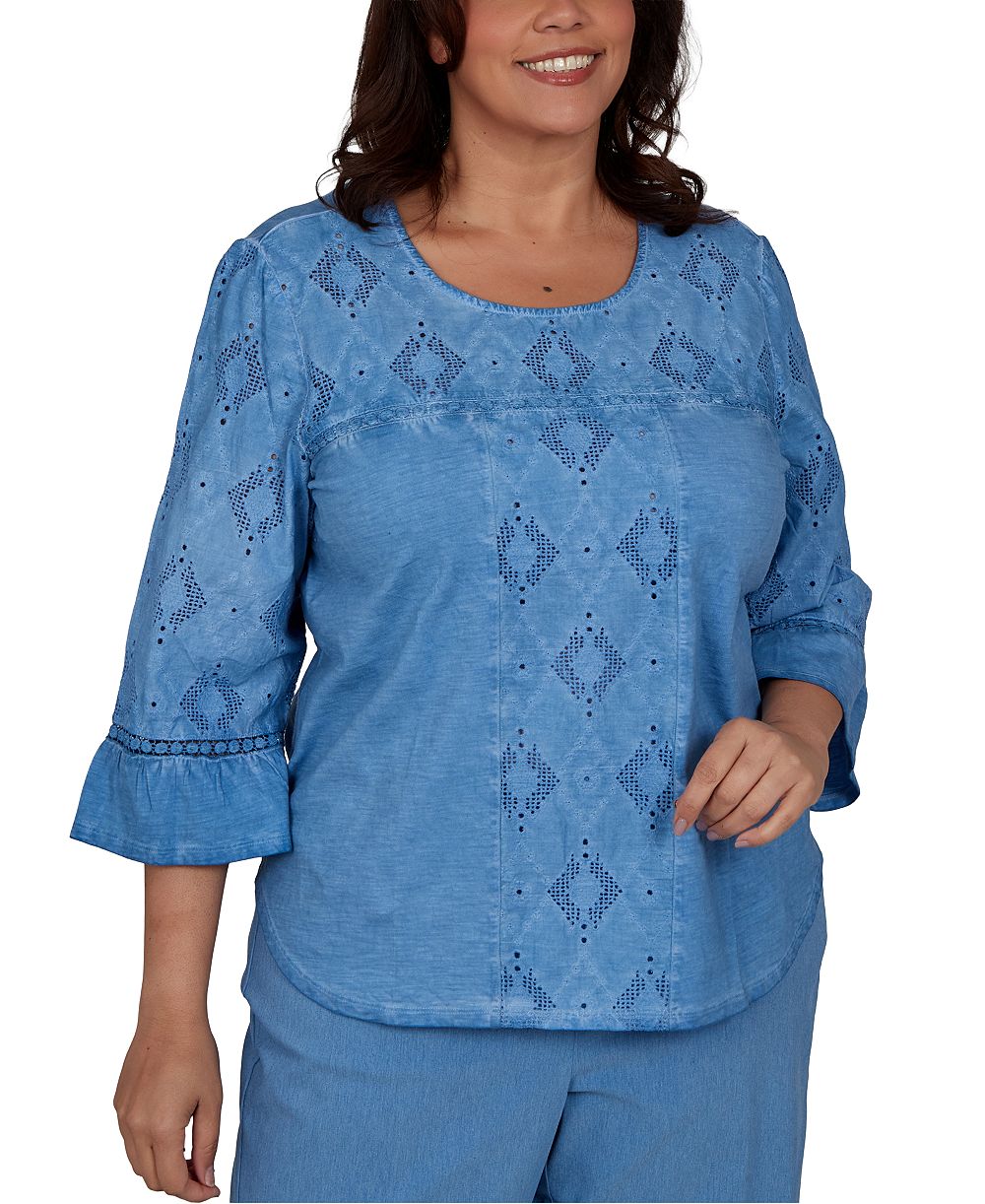 Alfred Dunner Топ с вырезом под горло и рукавами 3/4 с аппликацией, Plus Size