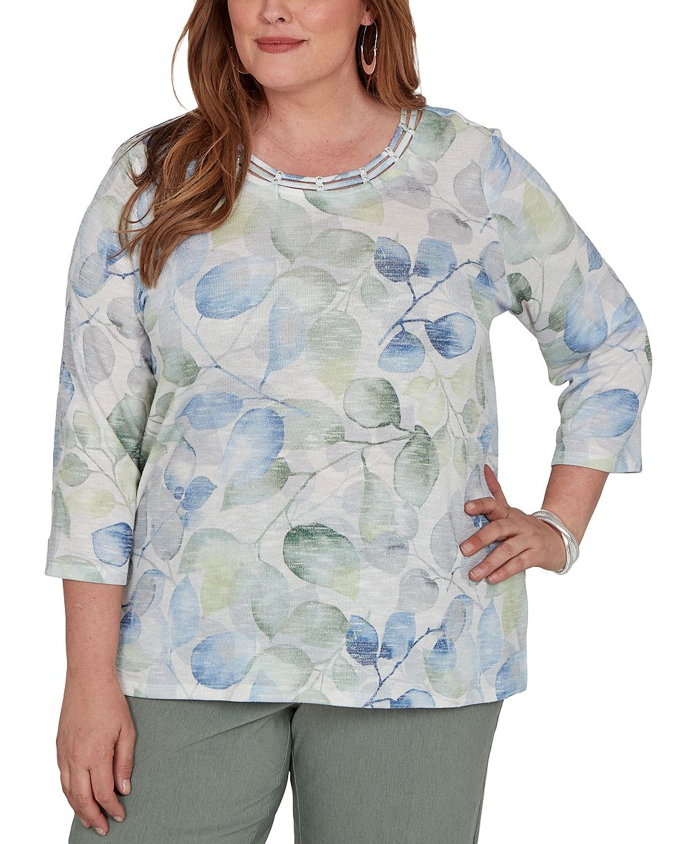 Alfred Dunner Женская футболка Plus Size Provence с акварельным принтом листьев и рукавом 3/4