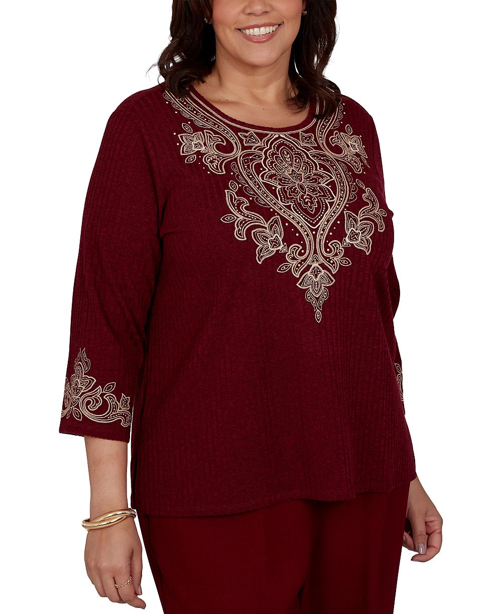 Alfred Dunner Plus Size Union Square трикотажный топ с вышивкой и рукавом 3/4