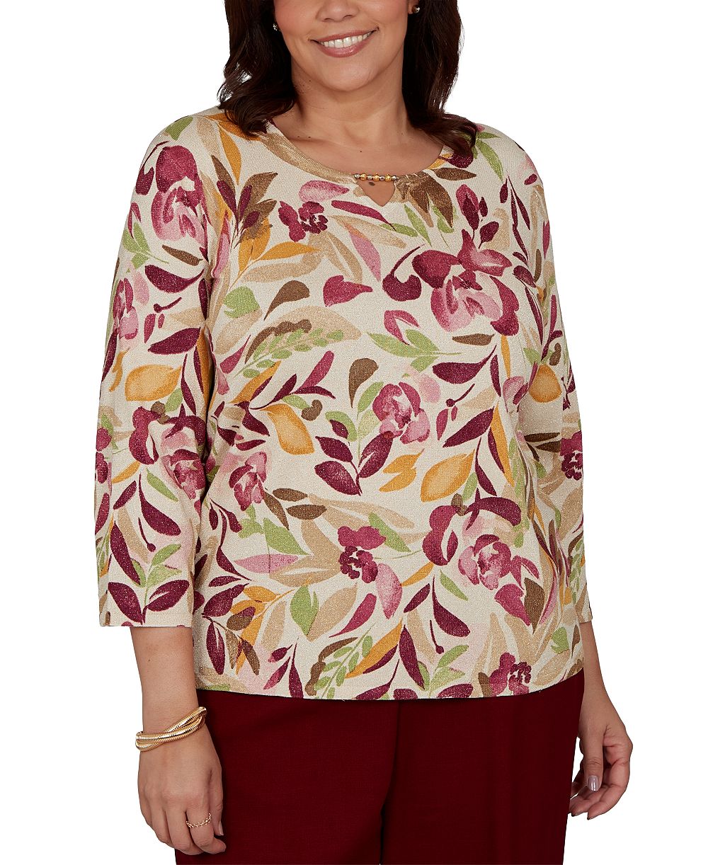 Alfred Dunner Plus Size Union Square Floral-Print 3/4-Sleeve Shimmer Sweater