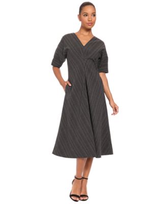 Luxely Women's 3/4 Puff-Sleeve V-Neck Striped Fit-and-Flare Midi Dress