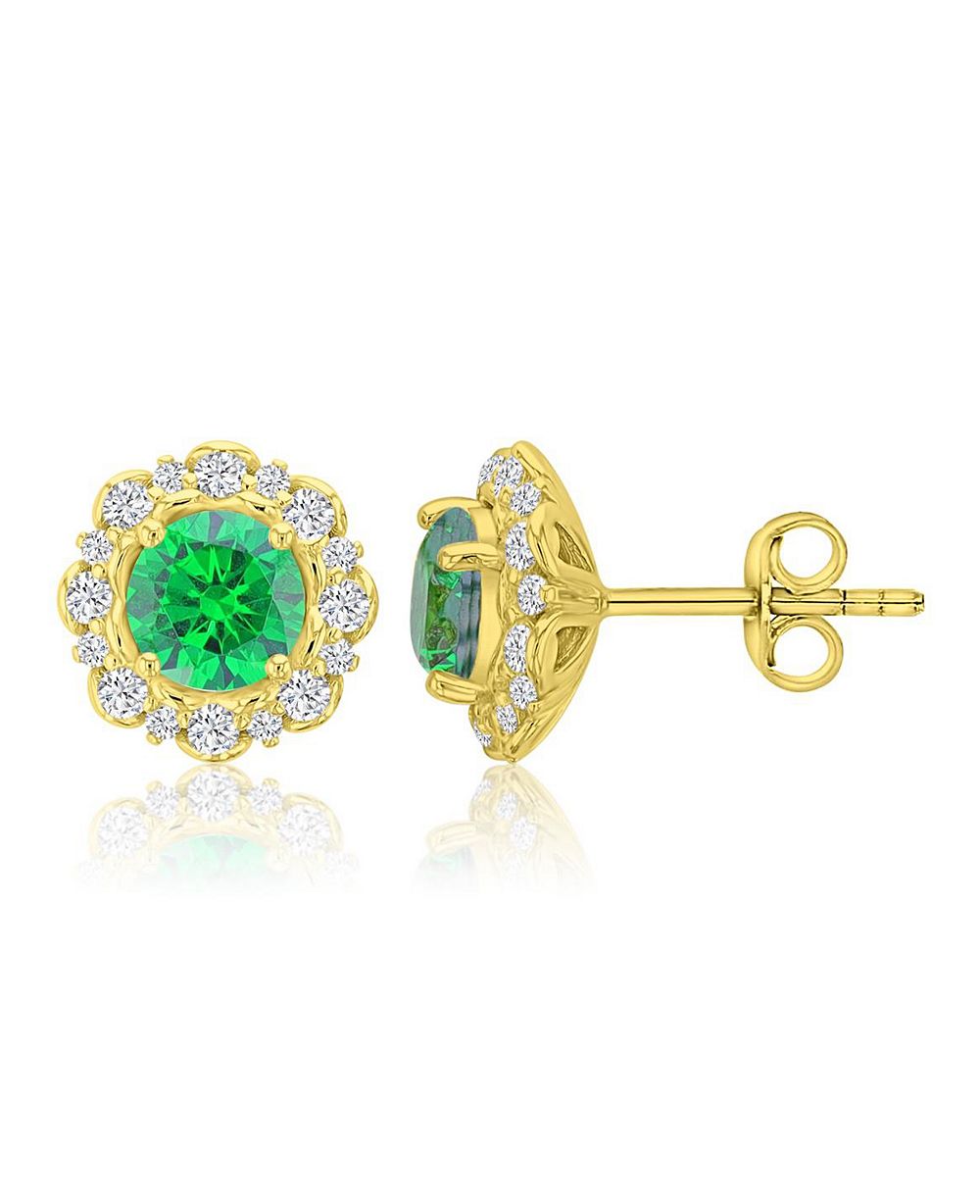 Серьги-кольца Macy's с зелеными кристаллами в ореоле, позолота 14k