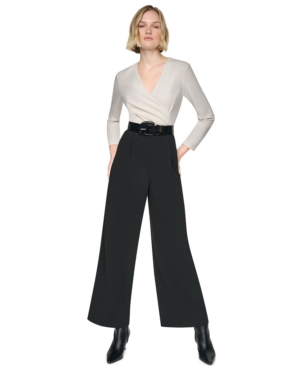 DKNY Women's 3/4 Sleeve Wide-Leg Surplice Jumpsuit