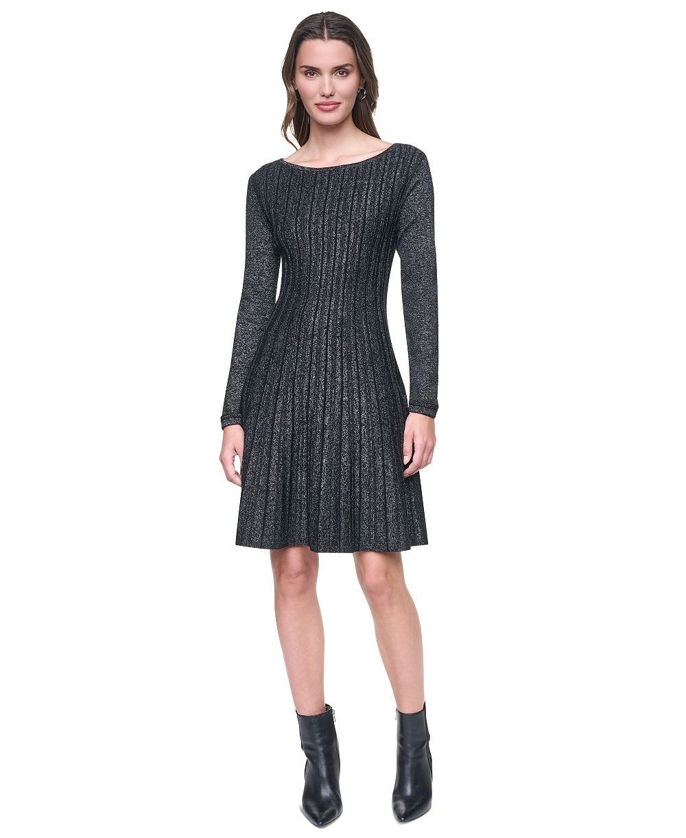 Женское платье DKNY с длинным рукавом, вырезом лодочка, рифленой тканью и силуэтом трапеция