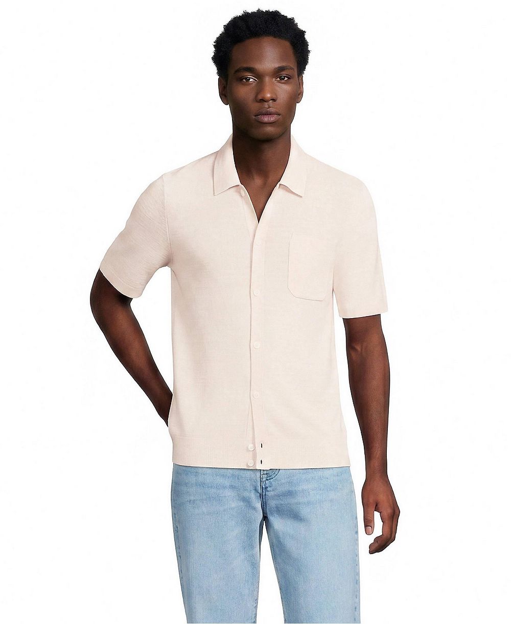 Lands' End Men's Short Sleeve Texture Stitch Button Through Summer Weight Sweater Polo