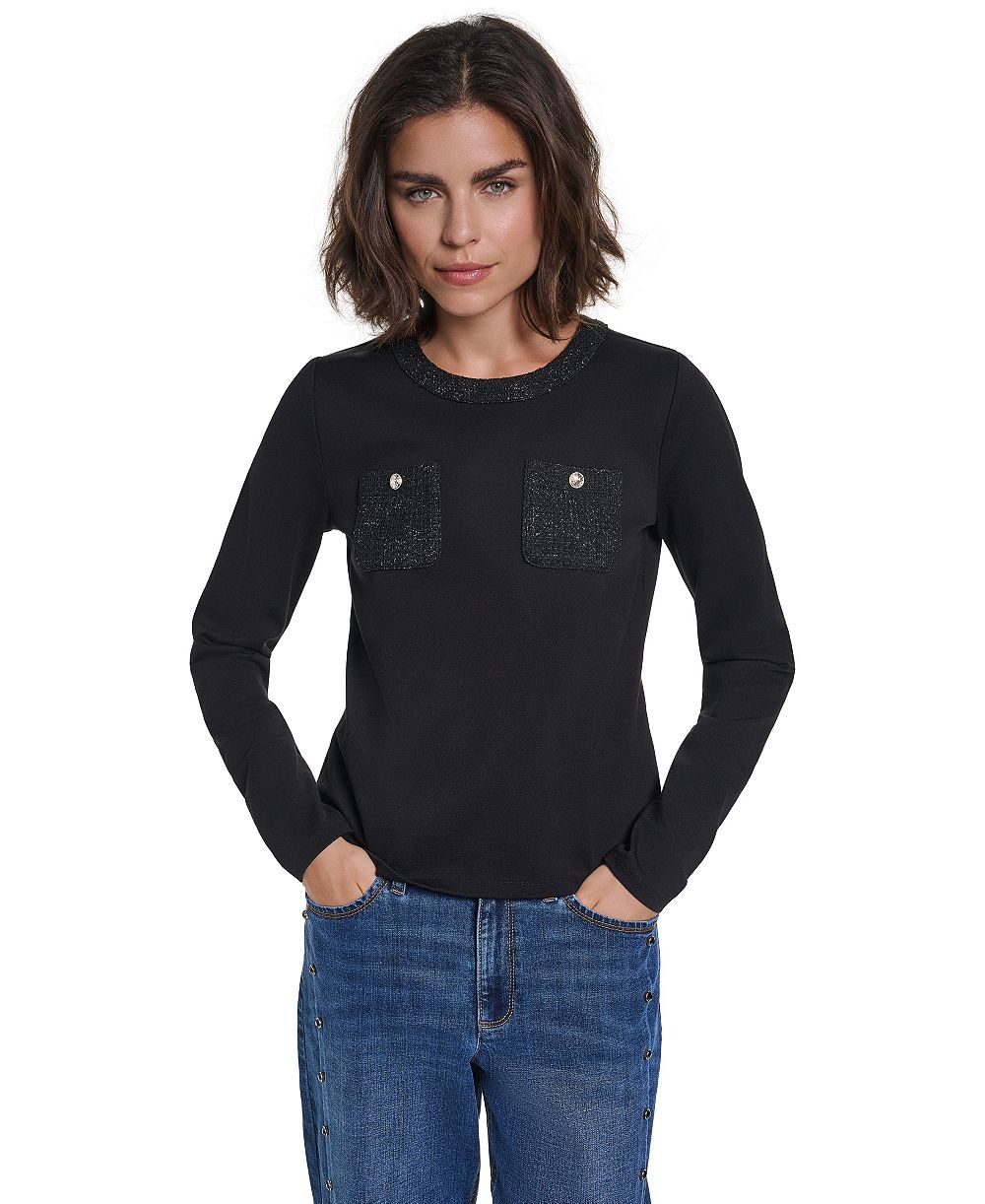 KARL LAGERFELD PARIS Women's Long-Sleeve Crewneck Button-Pocket Blouse