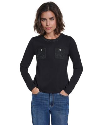 KARL LAGERFELD PARIS Women's Long-Sleeve Crewneck Button-Pocket Blouse