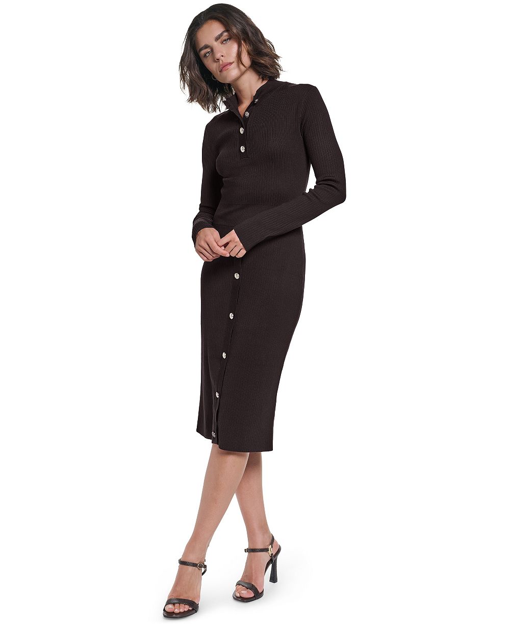 KARL LAGERFELD PARIS Women's Mock Neck Midi Button Front Sweater Dress