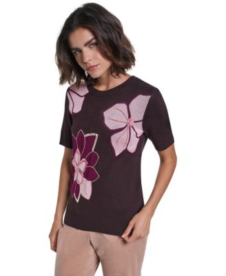 KARL LAGERFELD PARIS Women's Floral-Print Short-Sleeve Embellished Sweater