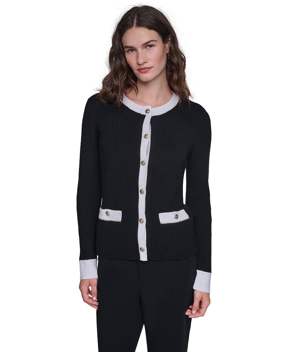 KARL LAGERFELD PARIS Women's Colorblock Fitted Crewneck Cotton-Blend Cardigan Sweater