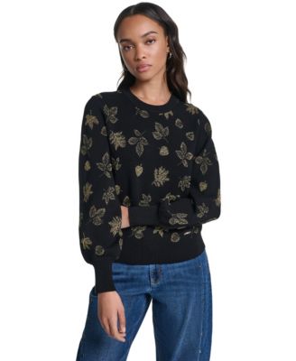 KARL LAGERFELD PARIS Women's Metallic-Leaf Print Crewneck Sweater