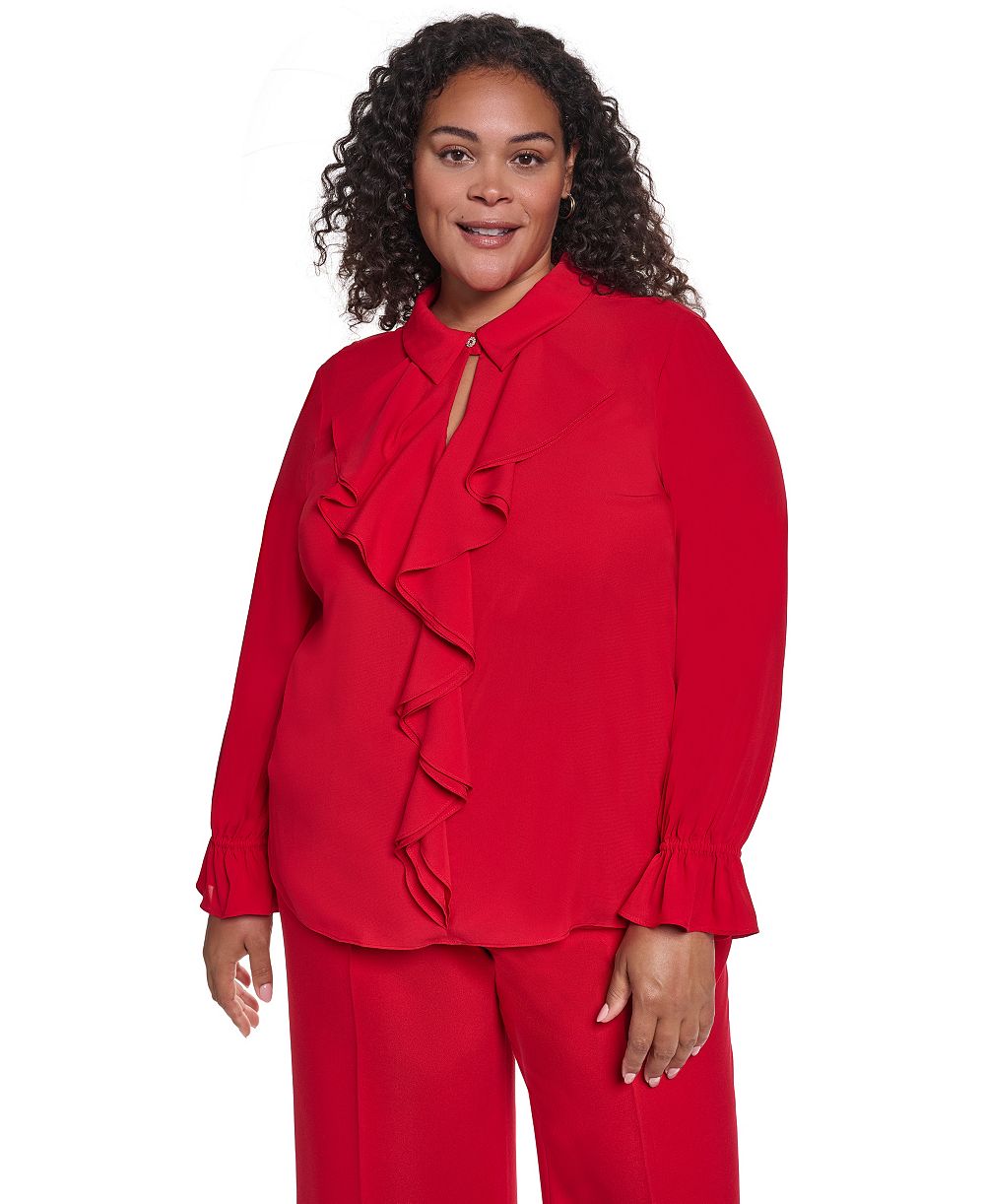блузка с пуговицами karl lagerfeld paris plus size button-up ruffle-trim keyhole blouse
