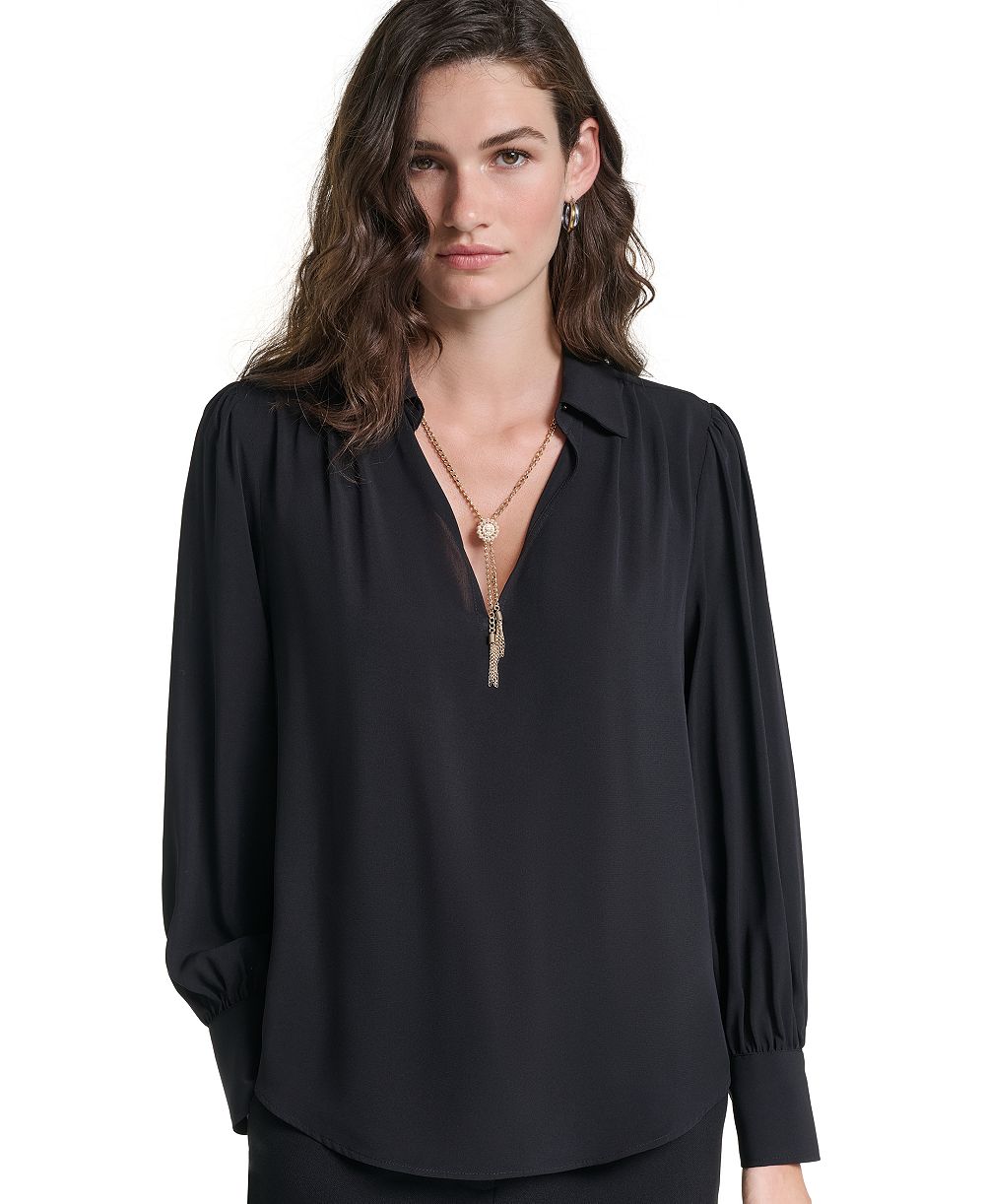 KARL LAGERFELD PARIS Women's Long-Sleeve Collared Tassel-Detail Blouse