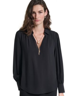 KARL LAGERFELD PARIS Women's Long-Sleeve Collared Tassel-Detail Blouse