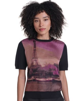 KARL LAGERFELD PARIS Women's Graphic-Print Short-Sleeve Sweater