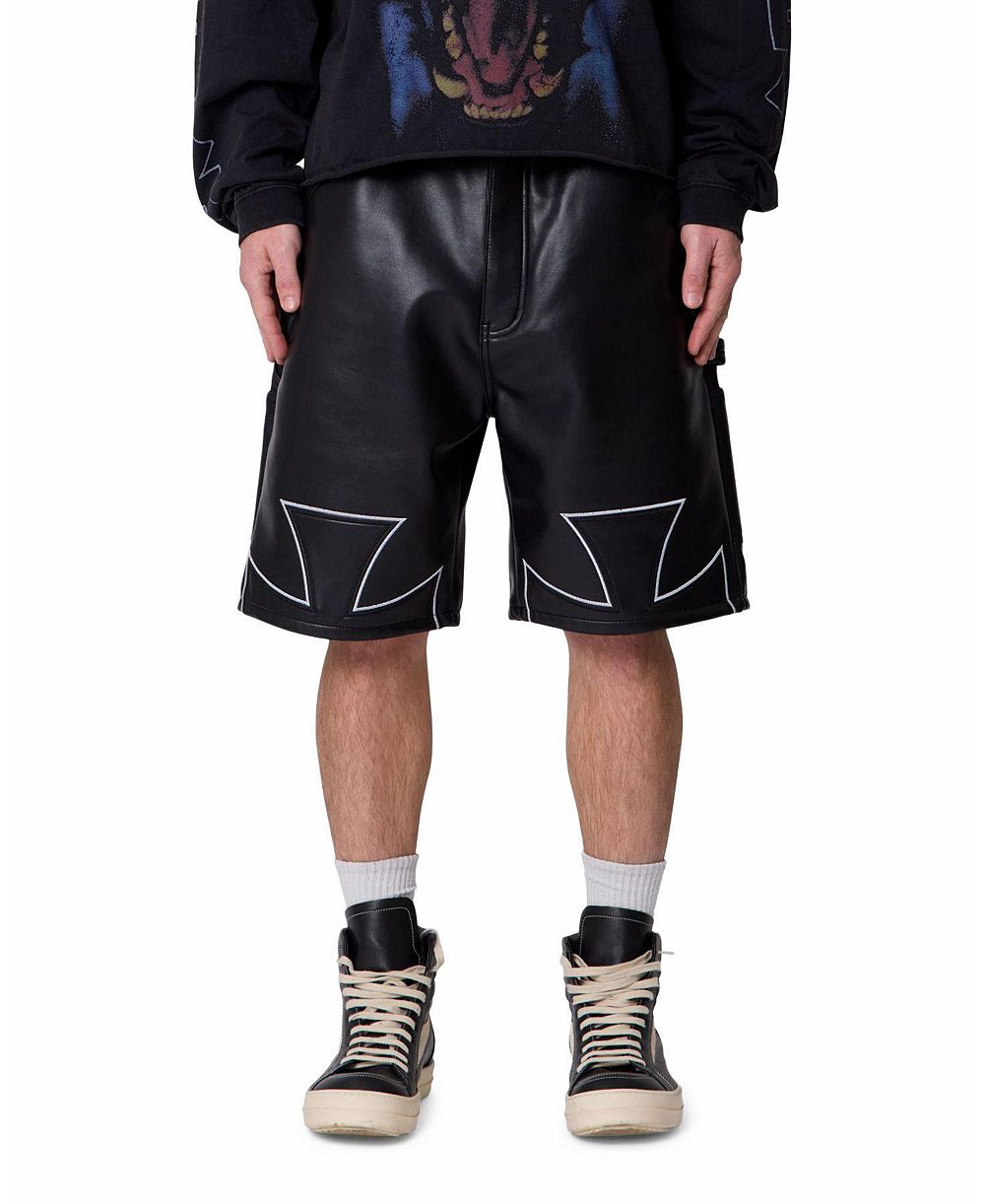 mnml Men's Ultra Baggy Iron Cross Leather Shorts